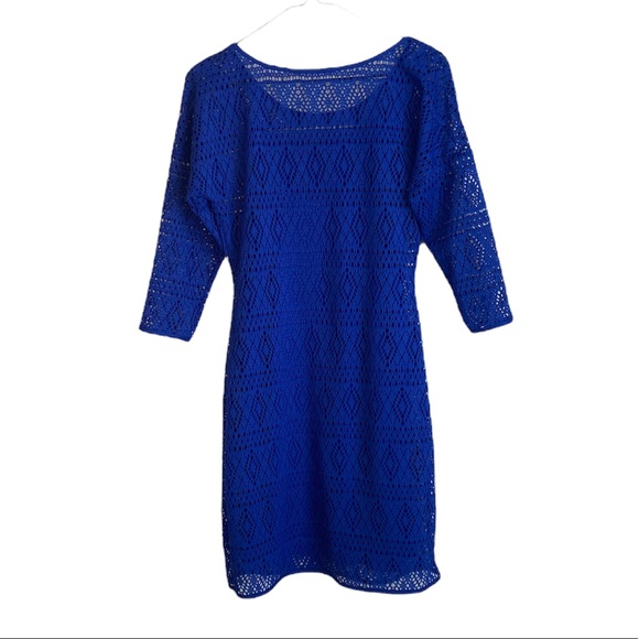EXPRESS BLUE LACE MINI DRESS, THREE QUARTER SLEEVE, ADJUSTABLE STRAPS SIZE SMALL - Picture 5 of 8